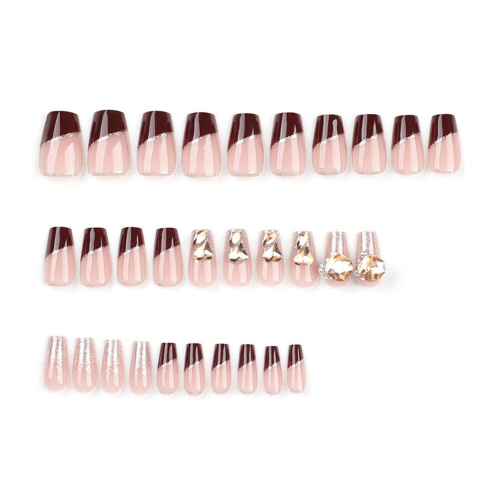 24 Pieces Sense Manicure French Red Light Luxury Wearing Nail Champagne Flash Diamond Flash Powder Nail Piece