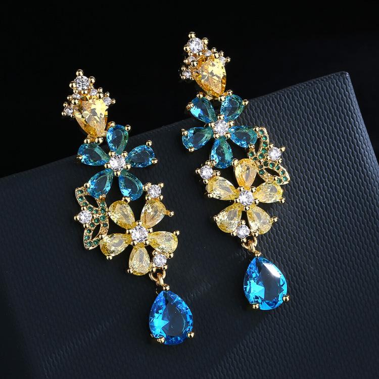 Bohemia Colored Zircon Flower Earrings European and N Fashion Heavy Industry Earrings New Style Personality