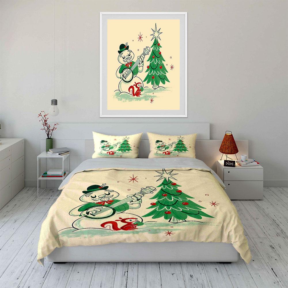 Snowman Playing Banjo Scene Bedding Duvet Cover Set Duvet Cover Pillowcases (1*Duvet Cover 2*Pillowcases, without duvet insert)