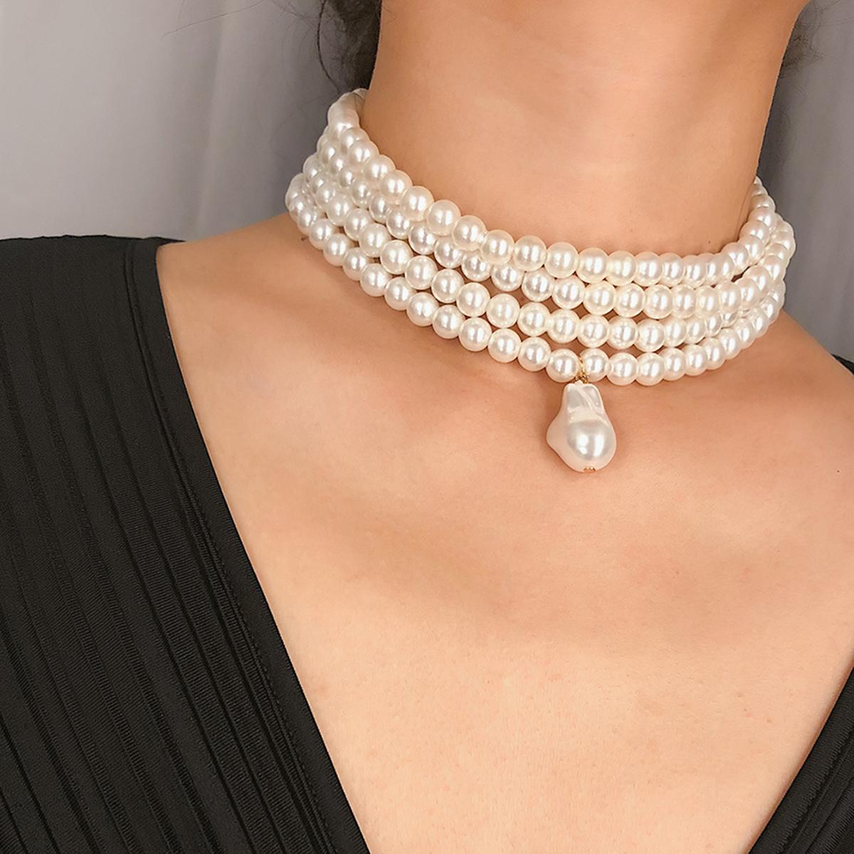 

Ingemark Fashion Multilayer White Imitation Pearl Choker with Metal Slice Fixation Wide Bib Necklace Jewelry for Charm Women