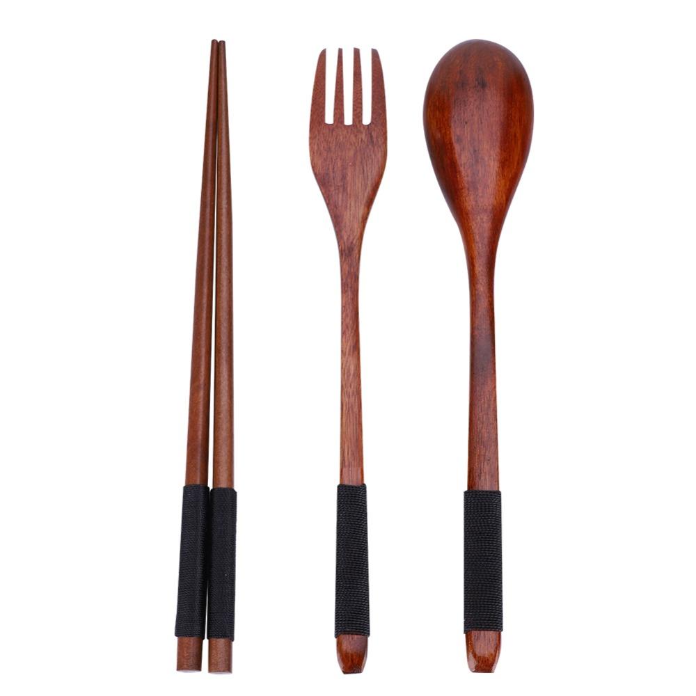 3 Pcs/Set With Thread Wooden Flatware Set Lightweight Dining Tableware Set  Travel Use