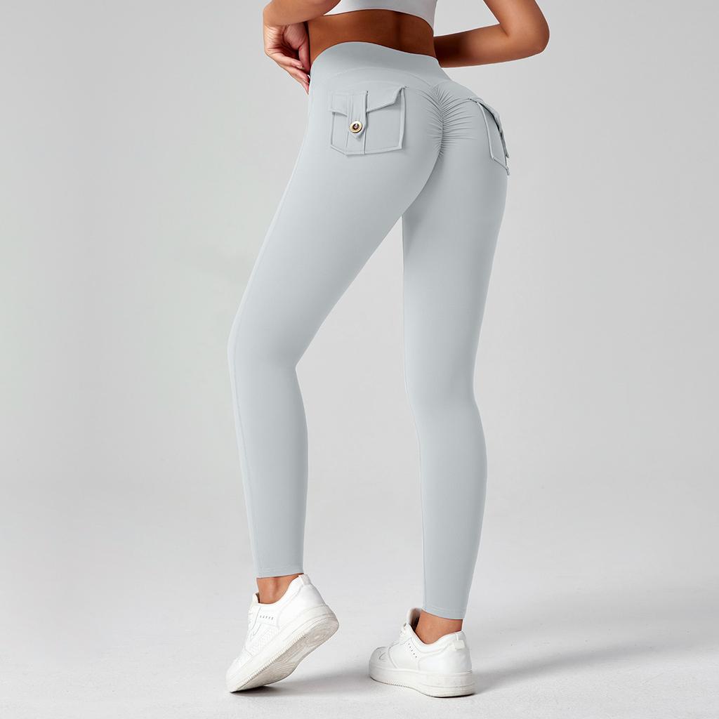 Fitness Leggings With Pocket Sports Yoga Pants Scrunch Buttons Peach Hips Workflow High Waist Running Gym Tights Women