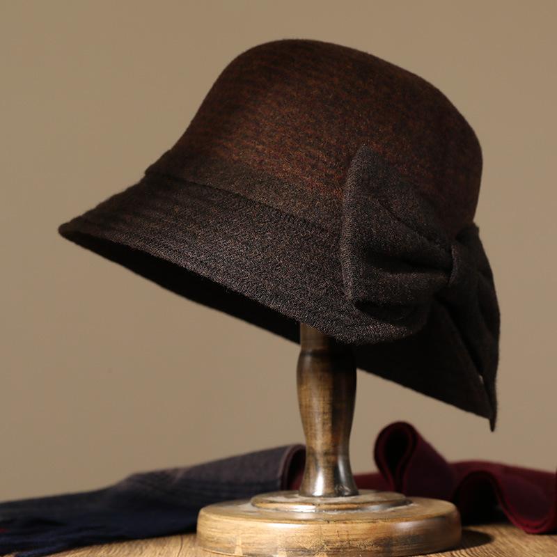 Hat Lady Autumn and Winter Middle-aged Elegant Bow Woolen Top Hat Fashion Thermal Basin Hat Versatile Bucket Hat