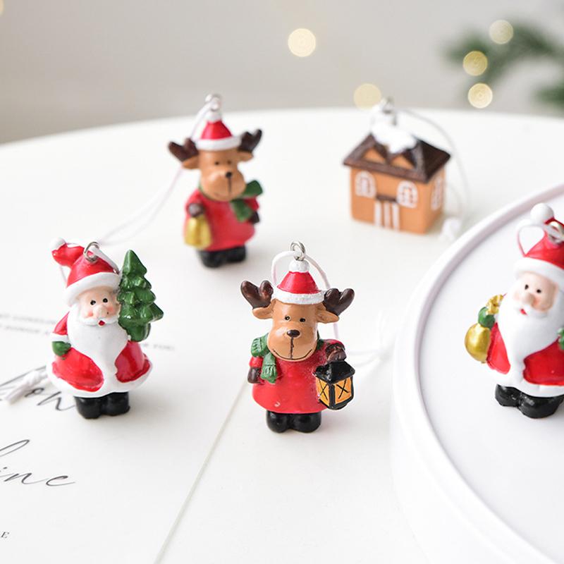 Mini Resin Christmas Tree Ornaments Set, Santa Elk Dog Cat House Pendants With Hanging Rope, 4 Pack, Classic Holiday Decor