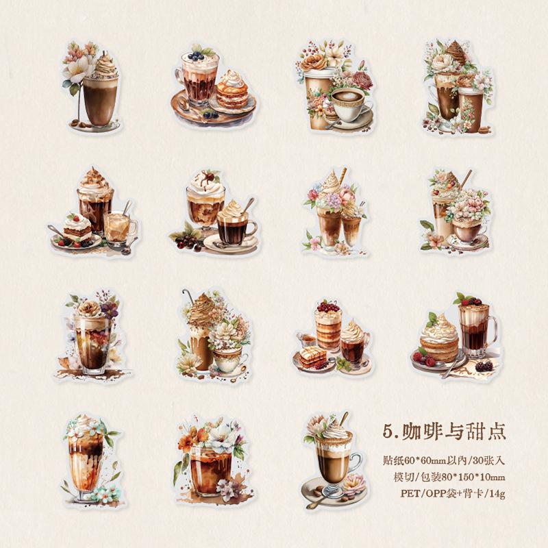 30 uds Paquete de pegatinas temáticas de café gourmet vintage para tienda de campaña a mano pegatinas decorativas DIY Material para Scrapbooking DIY