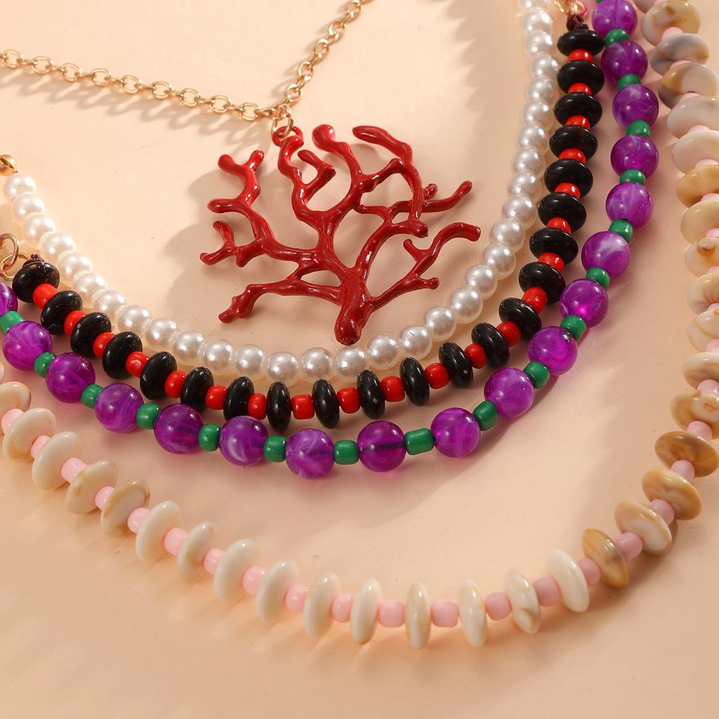 Multi layered resin woven alloy coral pendant necklace, beach ocean vacation style collarbone chain