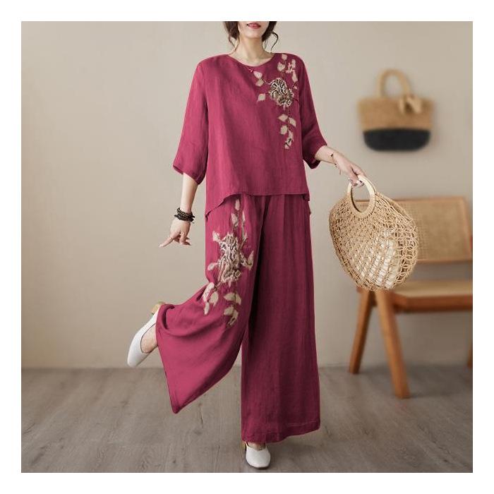 Retro Besticktes Sommer Slim Fit Lässig Chinesischer Stil Kurzarm Unterteil Set Damenmode