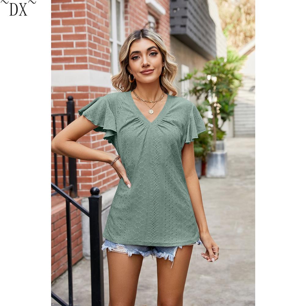 DX~~Summer New Solid Color Double Sleeve V-Neck Loose Short Sleeve T-shirt Top