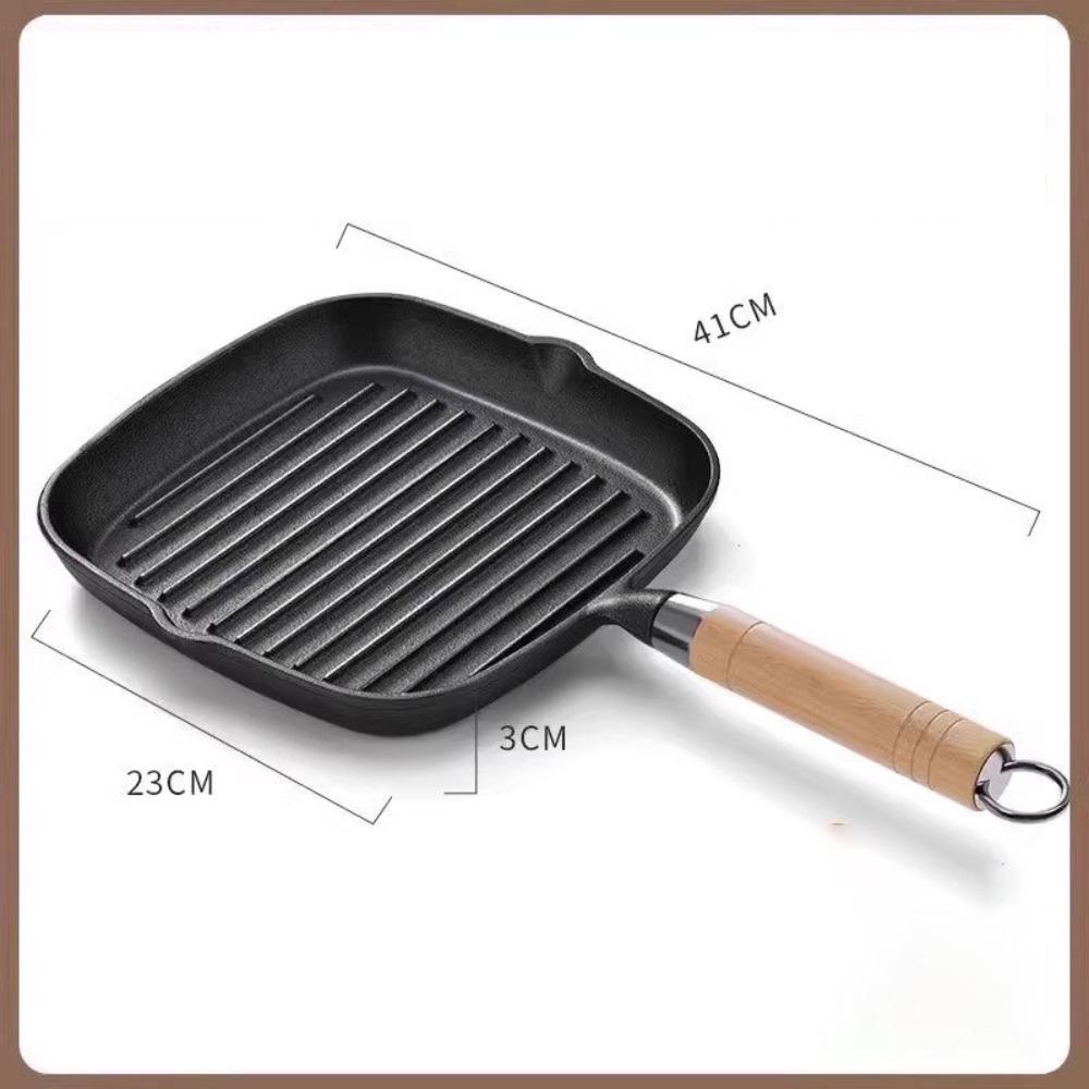 Sartén de Hierro Fundido para Bistec Mango de Madera Olla para Freír Bistec Sartén Antiadherente Premium Interior