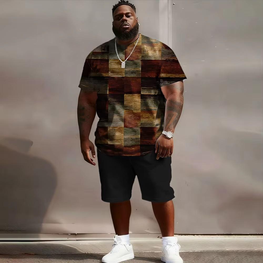 S-6XL Plus Size Men's Streetwear 2 Piece Outfit, Patchwork Plaid Geometric 3D Print Short Sleeve T-Shirt and Shorts Set