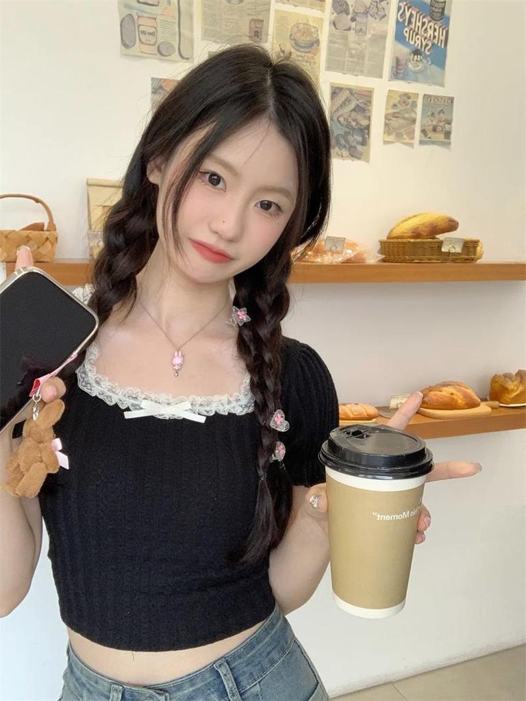 Women's Summer 2025 Square Neck Lace Short Sleeve Ballet Style Slim Fit T-Shirt