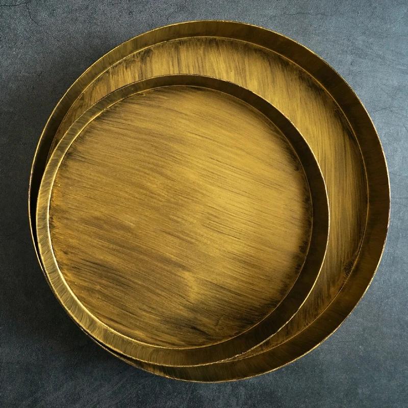 Golden European Retro Round Iron Plate Metal Vintage Storage Tray Home Decoration Garden Restaurant Table Photographing