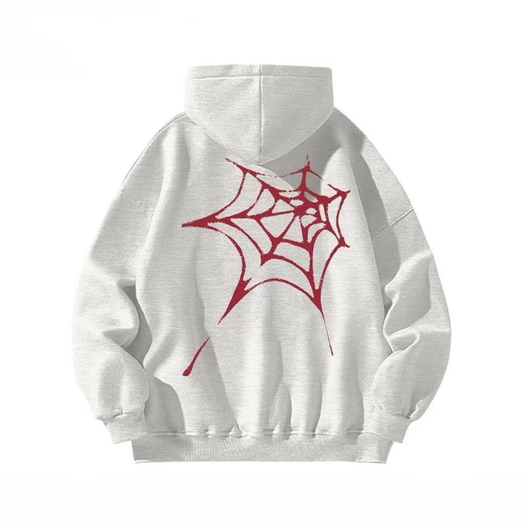 Men's Women's Loose Warm Winter Fashion Red Spider Web Back Printed Hooded Sweatshirt