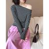 Juzhi Spring Retro Striped Off-Shoulder Slim Fit Long Sleeve T-shirt