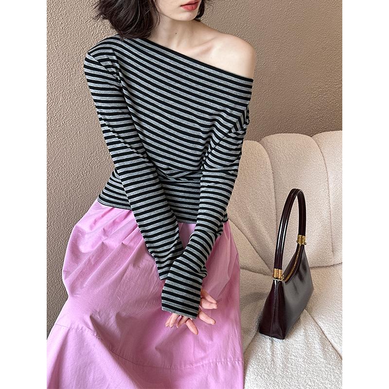 Juzhi Spring Retro Striped Off-Shoulder Slim Fit Long Sleeve T-shirt