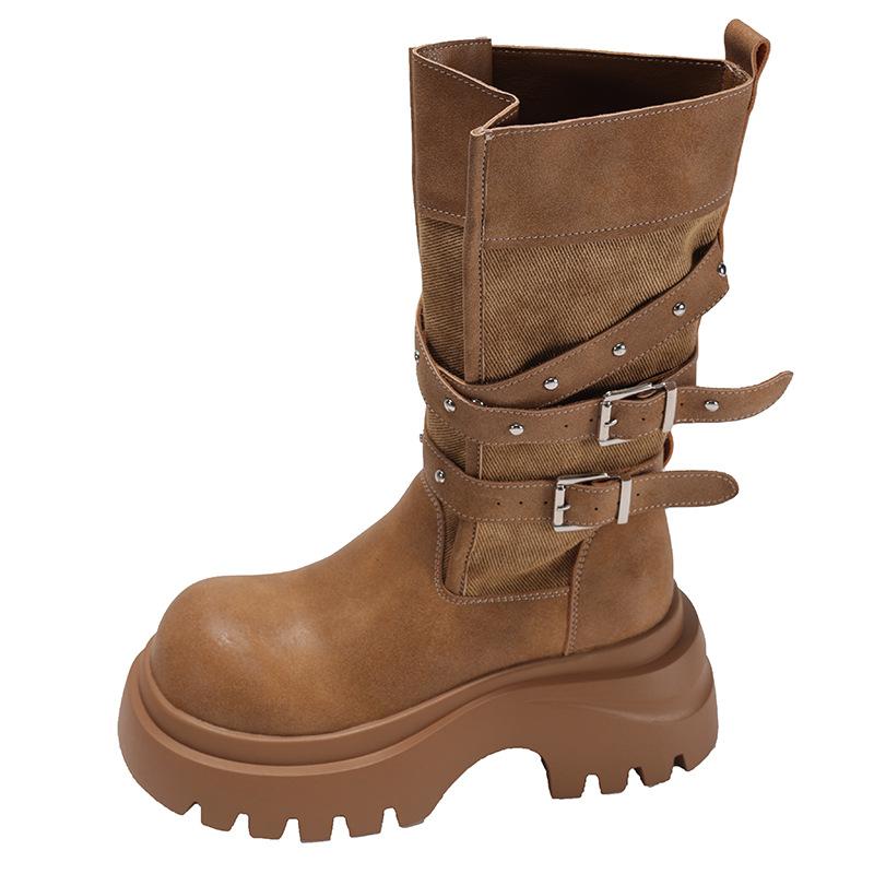 

Yueyu 7cm heightened thick-soled medium tube Martin boots women s 2025 new spring and autumn retro belt buckle locomotive knight boots 40 верблюд
