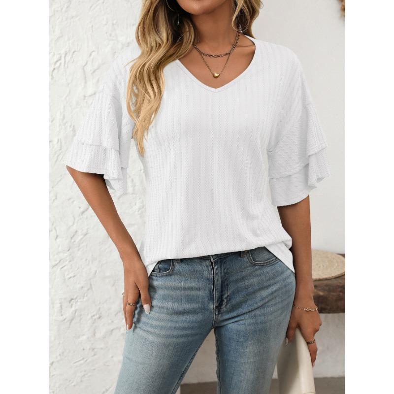 Women's Spring and Summer New Solid Color V-neck Lotus Leaf Sleeve Short-sleeved T-shirt Tops for Women