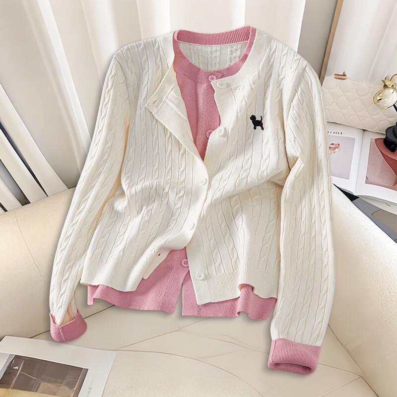 

Women s Faux Two-Piece Round Neck Knit Cardigan M
