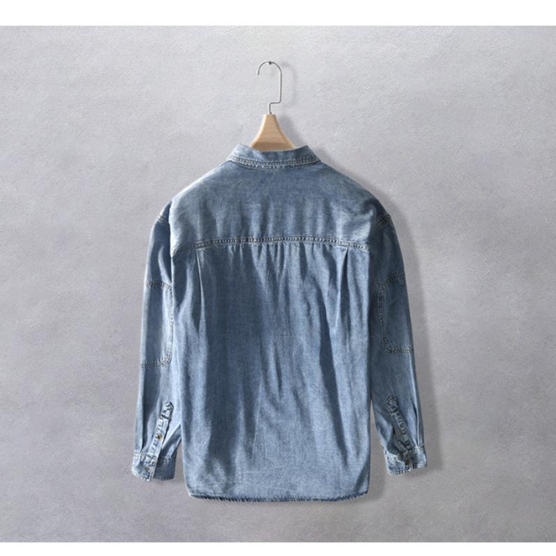 Men's Loose Casual Denim Cotton Work Jeans Shirt Long Sleeve Black Blue Drop Shoulder Button Pockets Cowboy Shirts