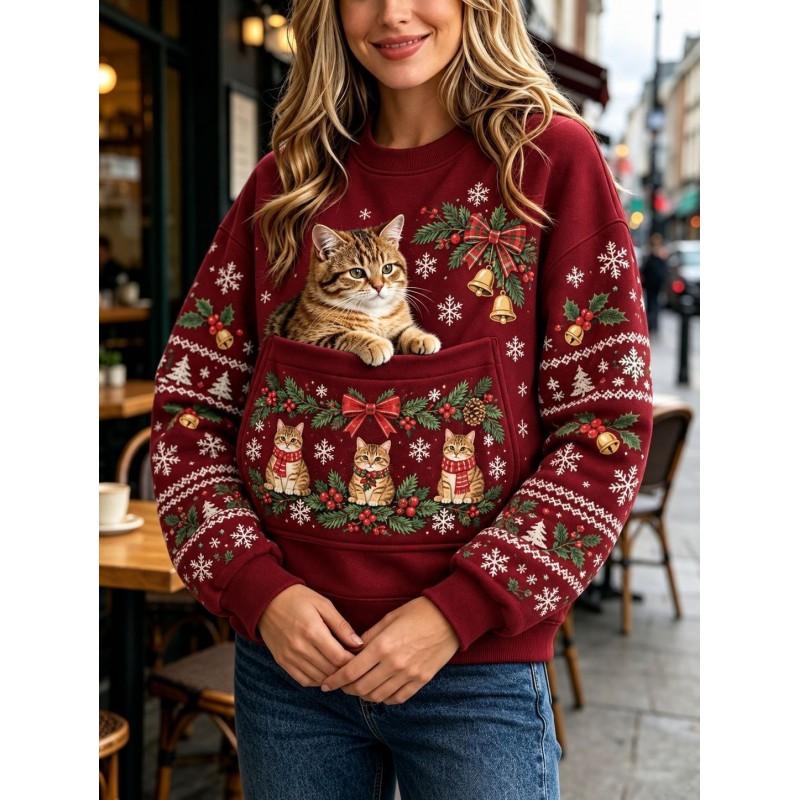 Christmas Cat Pocket Print Sweatshirt Retro Long Sleeve Top Holiday