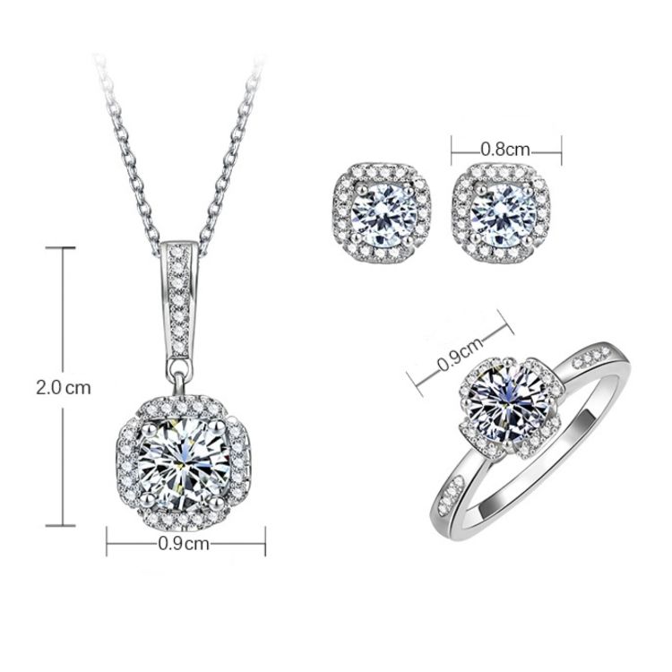 Zircon Necklace Fashion Jewelry Zircon Ring Stud Earrings 925 Sterling Silver Jewelry Set