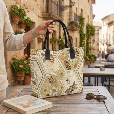  Bee Floral Print Tote Bag Fashion Casual Large Capacity Shoulder Handbag for Daily Use