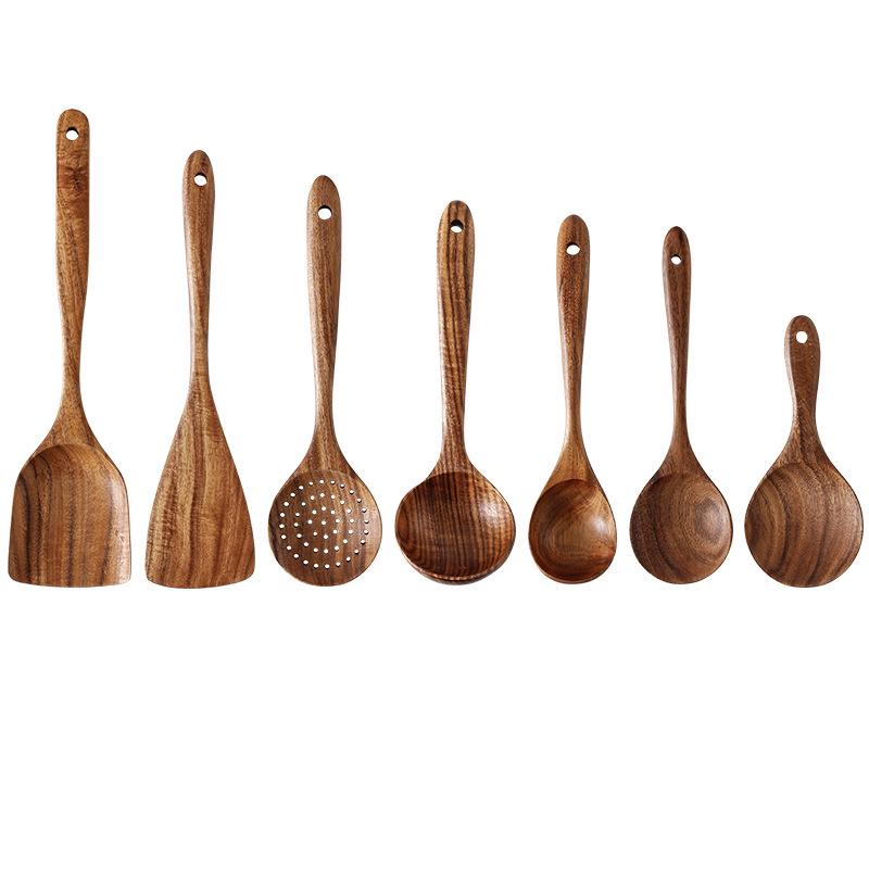 Teak Non-Stick Long-Handle Solid Wood Pan and Acacia Wood Kitchenware Set