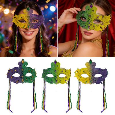 Mardi Gras Mask with Rhinestones Half Face Carnival Mask Sequins Tassel Masquerade Party Mask