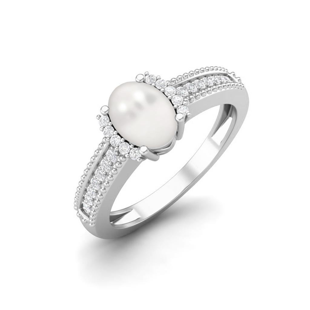 7 X 5 MM Oval Pearl Gemstone 925 Sterling Silver Halo Accent Wedding Women Ring