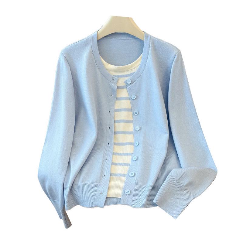 2026 Autumn Korean Style Two-Piece Knit Cardigan: Women's Round Neck Long Sleeve Striped Patchwork Sweater.