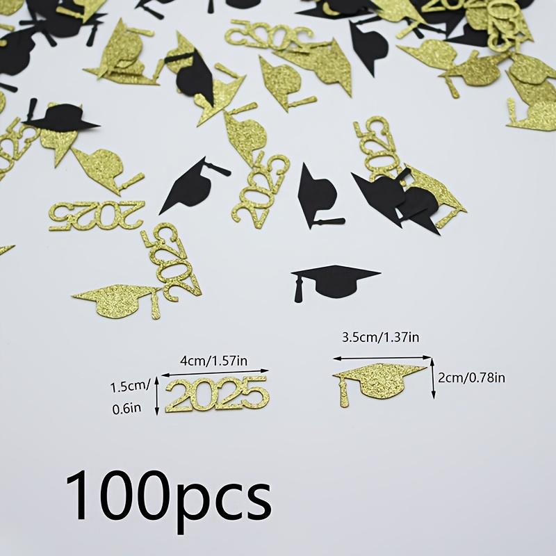 100pcs 2025 Black & Golden Graduation Cap Confetti -Elegant Paper Scatter Decor for Graduation Party, Celebratory Event Supplies