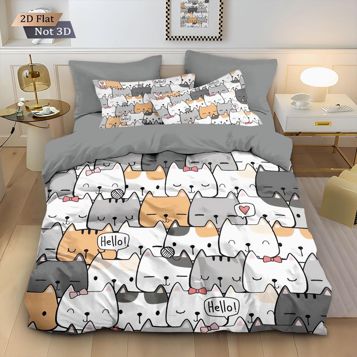 Cross-border Cat Series Duvet Cover and Pillowcase Bedding Set, European/American Size, Brushed Three-Piece Custom Set. 135x200