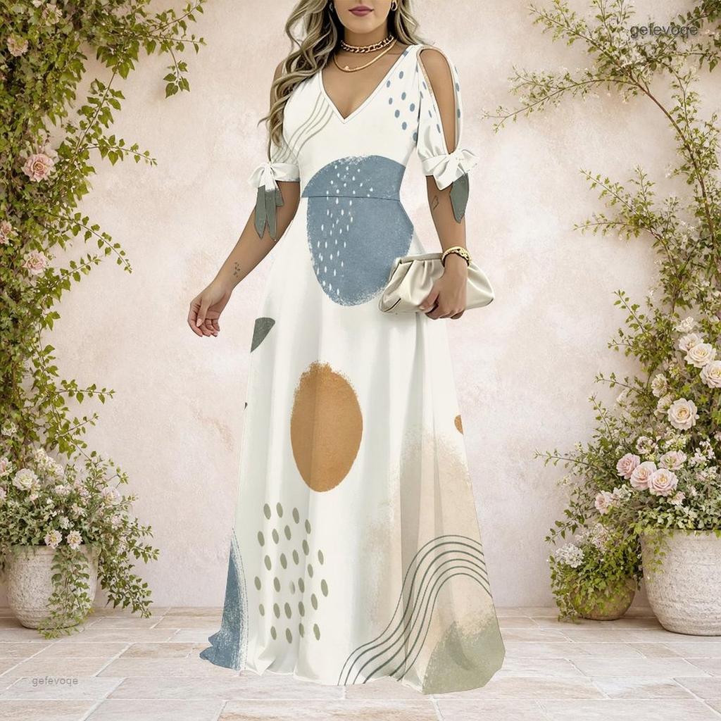 Plus Size Women V Neck Cold Shoulder Tie Cuff Short Sleeve Printed A Line Maxi Dress