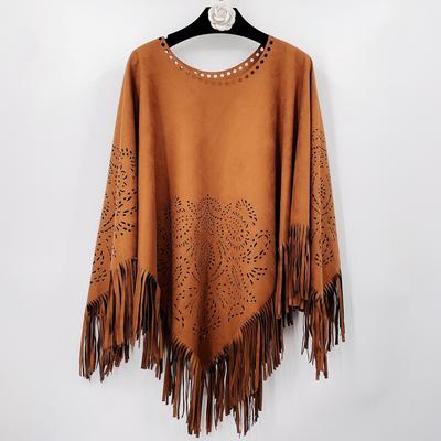 AELESEEN High-End Women's Suede Shawl Square Length Autumn and Winter Tassel Hollow Coat Scarf Wearable Warm Cloak
