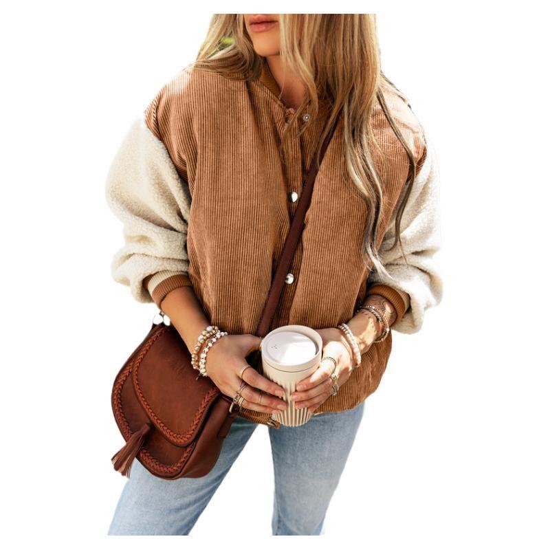 

American Shiying Color Matching Single-Breasted Jacket Women 2025 Winter New Warm Corduroy Long sleeve Outerwear Brown Size S fit (45.00 kg-55.00 kg