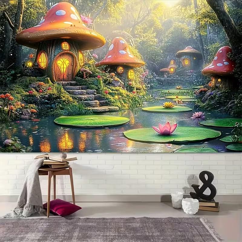 2D Flat Printing Magical Mushroom House Backdrop for Kids Fairy Tale Party Photoshoot
