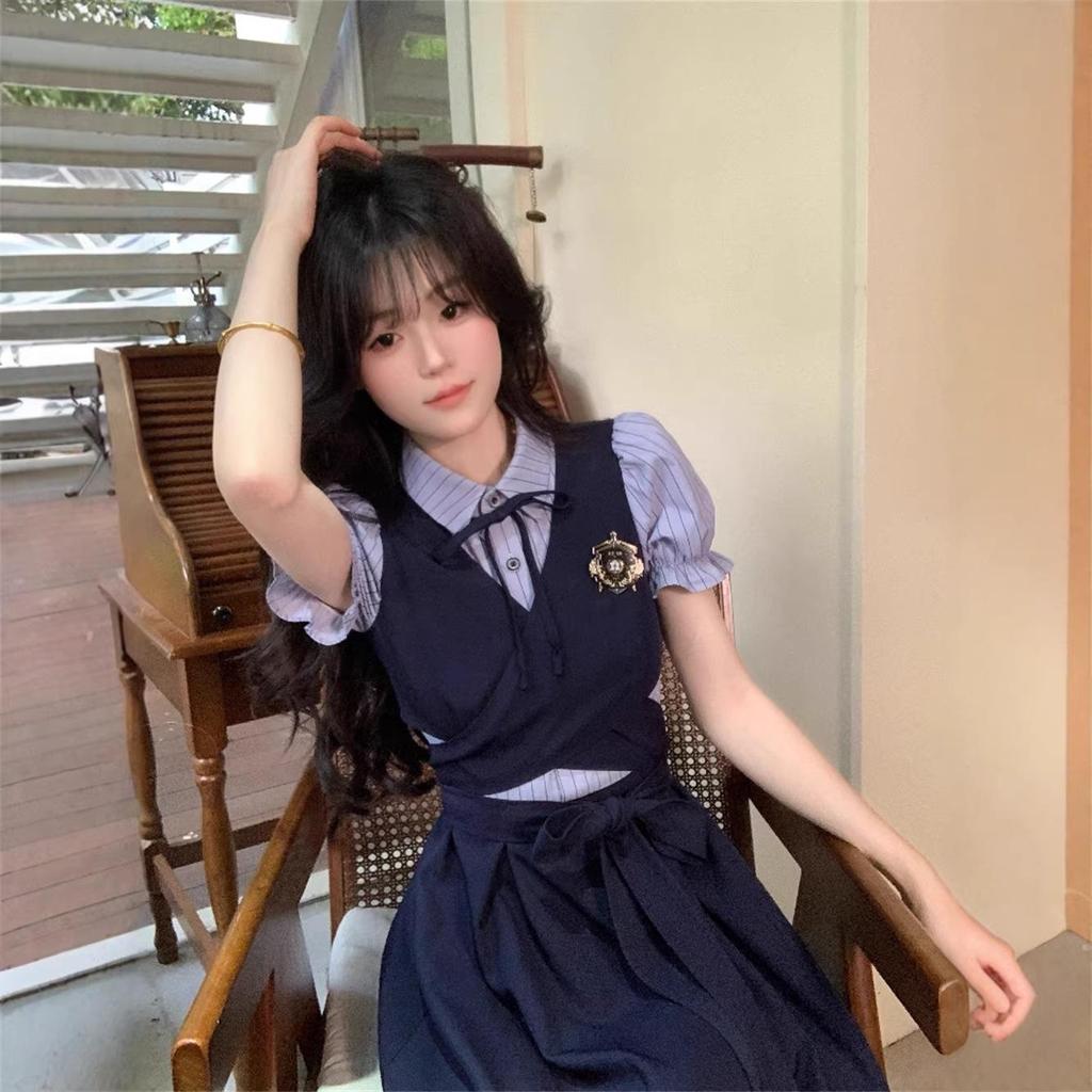 Vestito Primaverile a Finta Due Pezzi con Pizzo e Fiocco Dolce in Stile Coreano per Ragazze Energiche