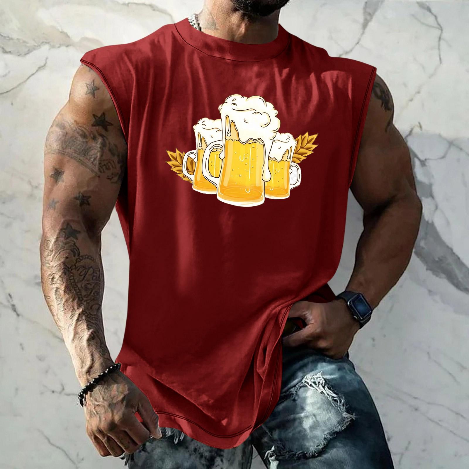 

Men Sleeveless Tank Top Loose Fit Casual Streetwear Muscle Shirt with Beer Mug Graphic Print for Sports Vacation Daily Wear M