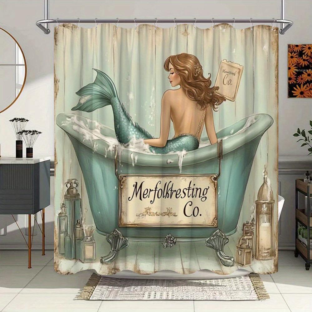 Dunika Chen Mermaid Shower Curtain - Watercolor Merfolk & Vintage Tub Design, Colorful Fantasy Scene, Water-Resistant Polyester