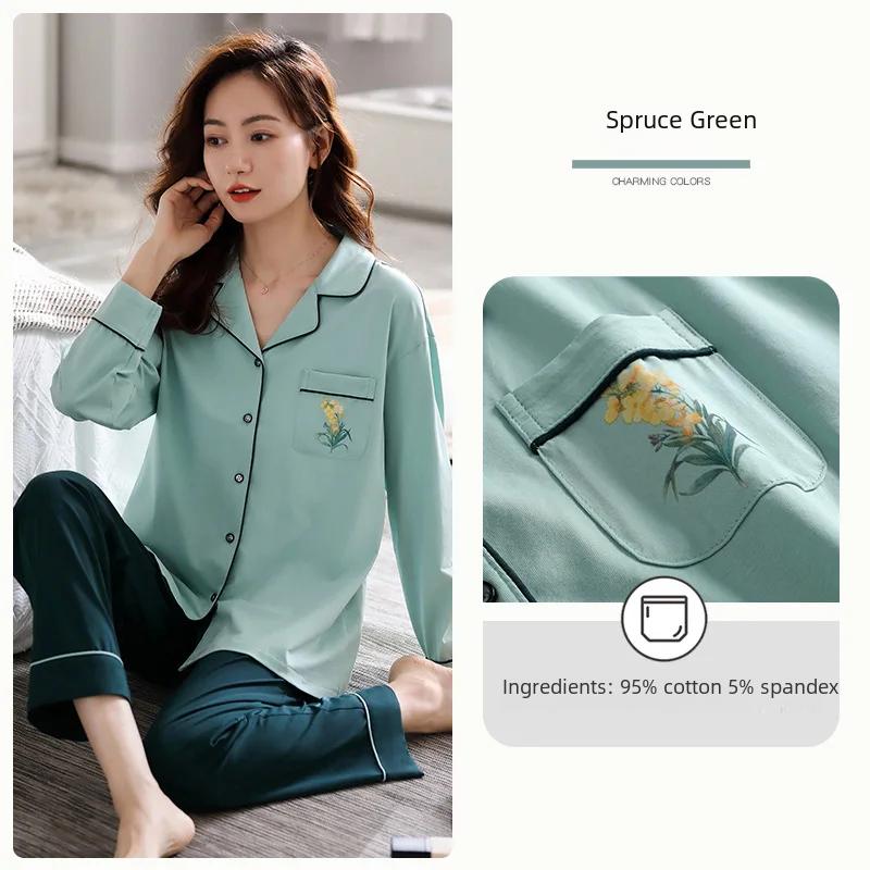Ladies' 100% Cotton Long Sleeve Pajama Set Spring/autumn Thin Style Winter Warm Homewear Suit