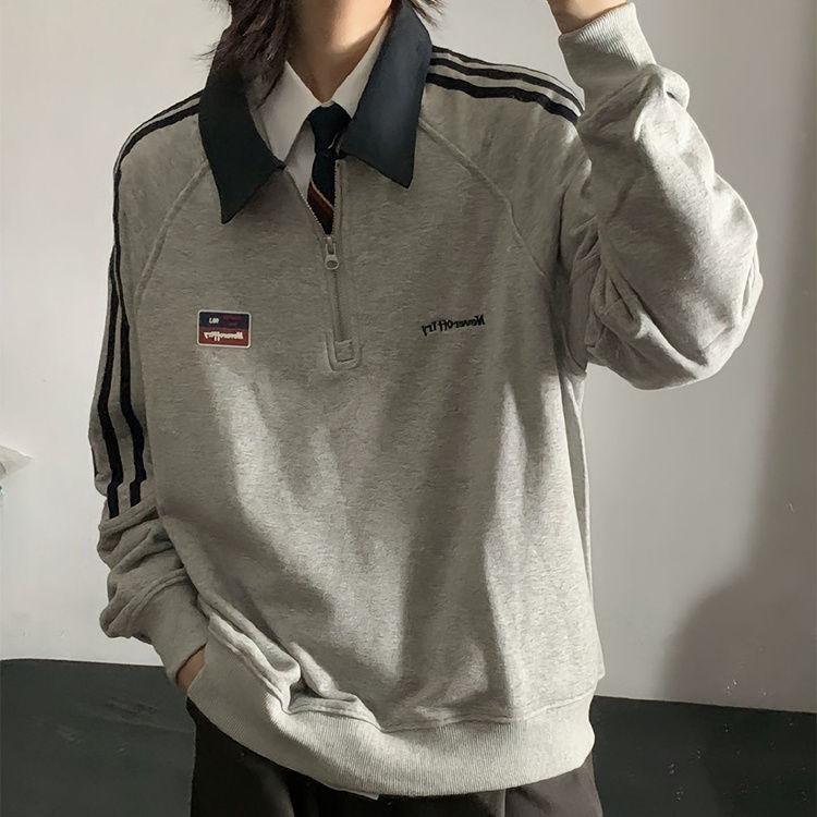 Damska bluza retro z półzapięciem na zamek i kołnierzykiem polo - styl college'owy, luźny krój na jesień/zimę 2025