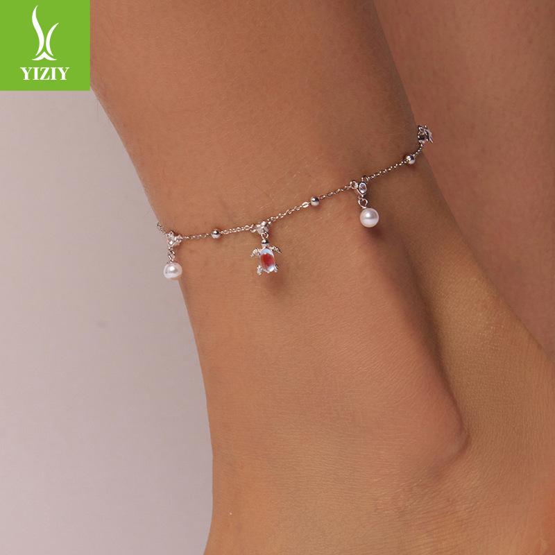 S925 Sterling Silver Turtle Anklet, Popular Moonstone Summer Anklet Jewelry