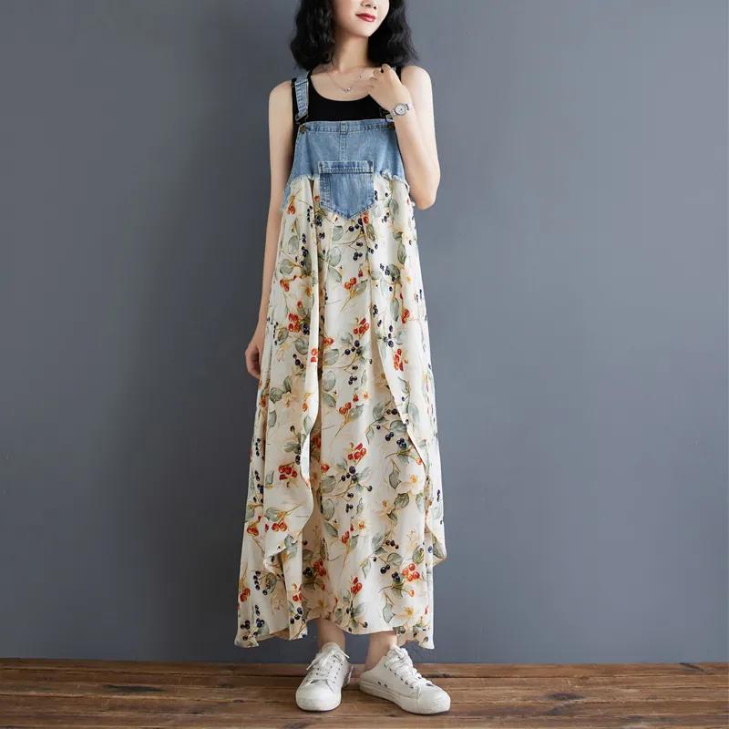 Summer Ladies Ruffled Dress Loose Chiffon Printed Denim Suspender Skirt
