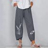 Women's Cotton Linen Elastic Waist Print Wide-Leg Pants - Loose Casual Nine-Point Style