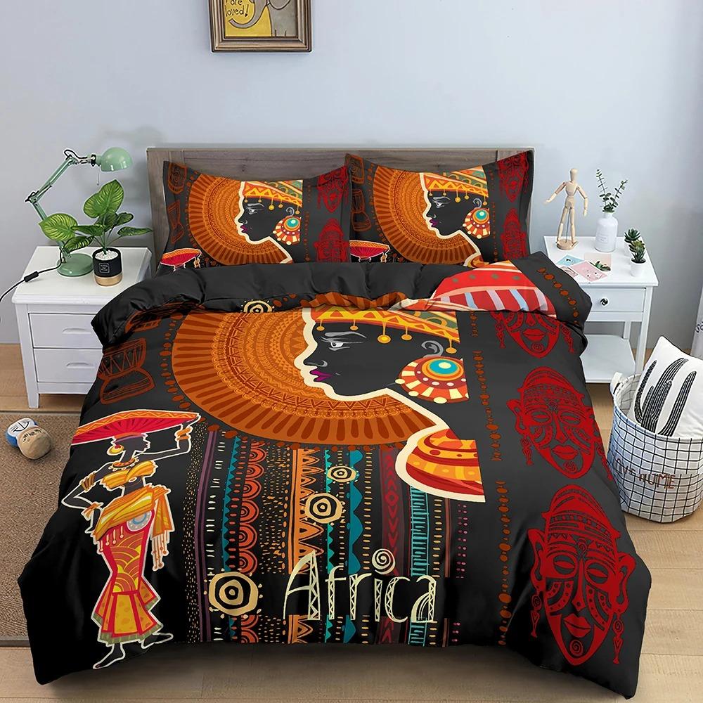 Afrikanisches Ethno-Bettwäsche-Set Orange Böhmischer Stil Bettbezug King Queen Vintage Frau Polyester Bettdeckenbezug für Teenager Erwachsene