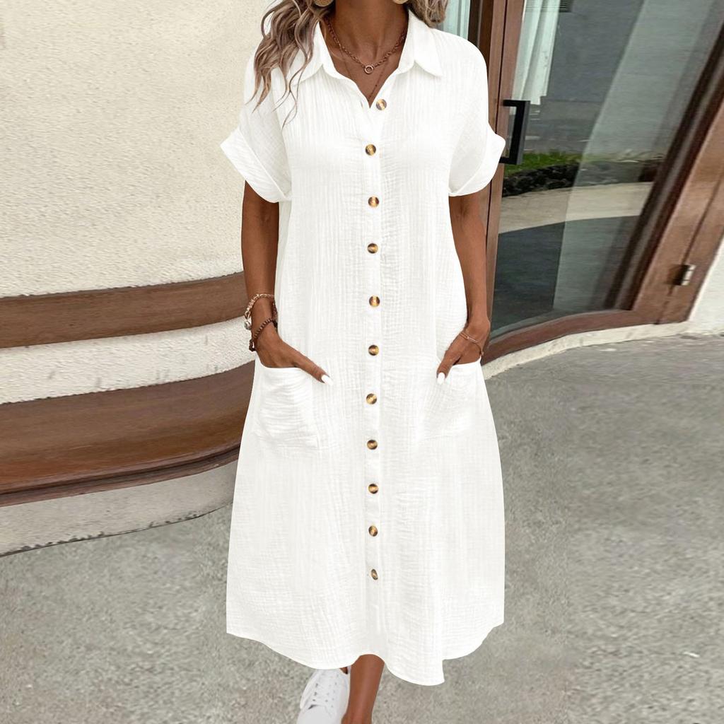 Women's Summer Short-sleeved Lapel Long Shirt Dress
