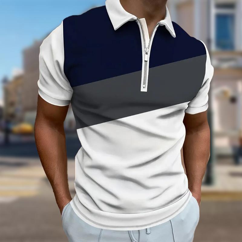 Men's Shirt Polo Casual Zip Short Sleeve Fashion Casual Zipper Summer Spring Regular Fit Color Blocking Splicing 3D Print Shirt