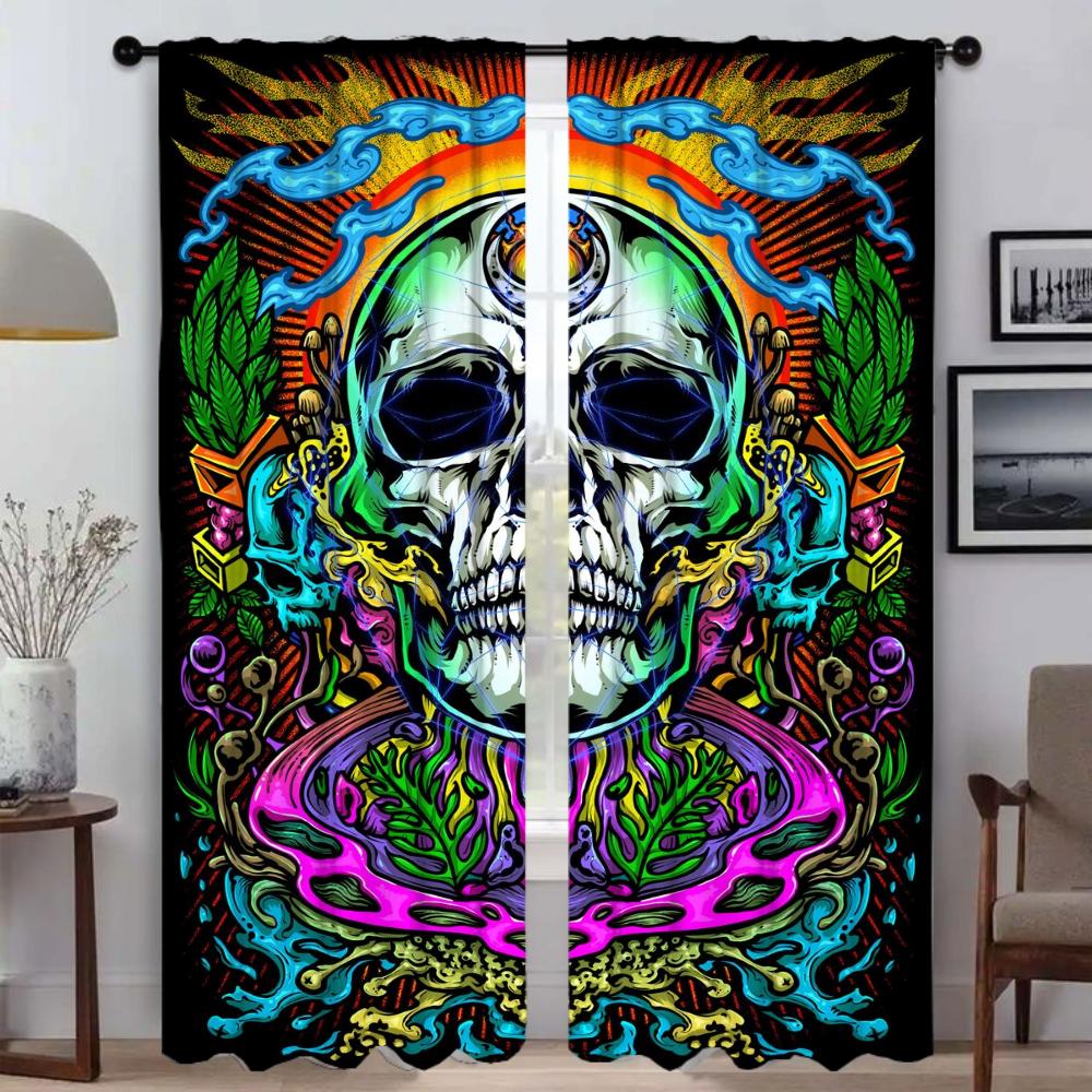 Musical Skull Kitchen Curtains for Living Room Home Interior Curtains 2 Pieces Partition Window Curtain Shades Tulle for Bedroom