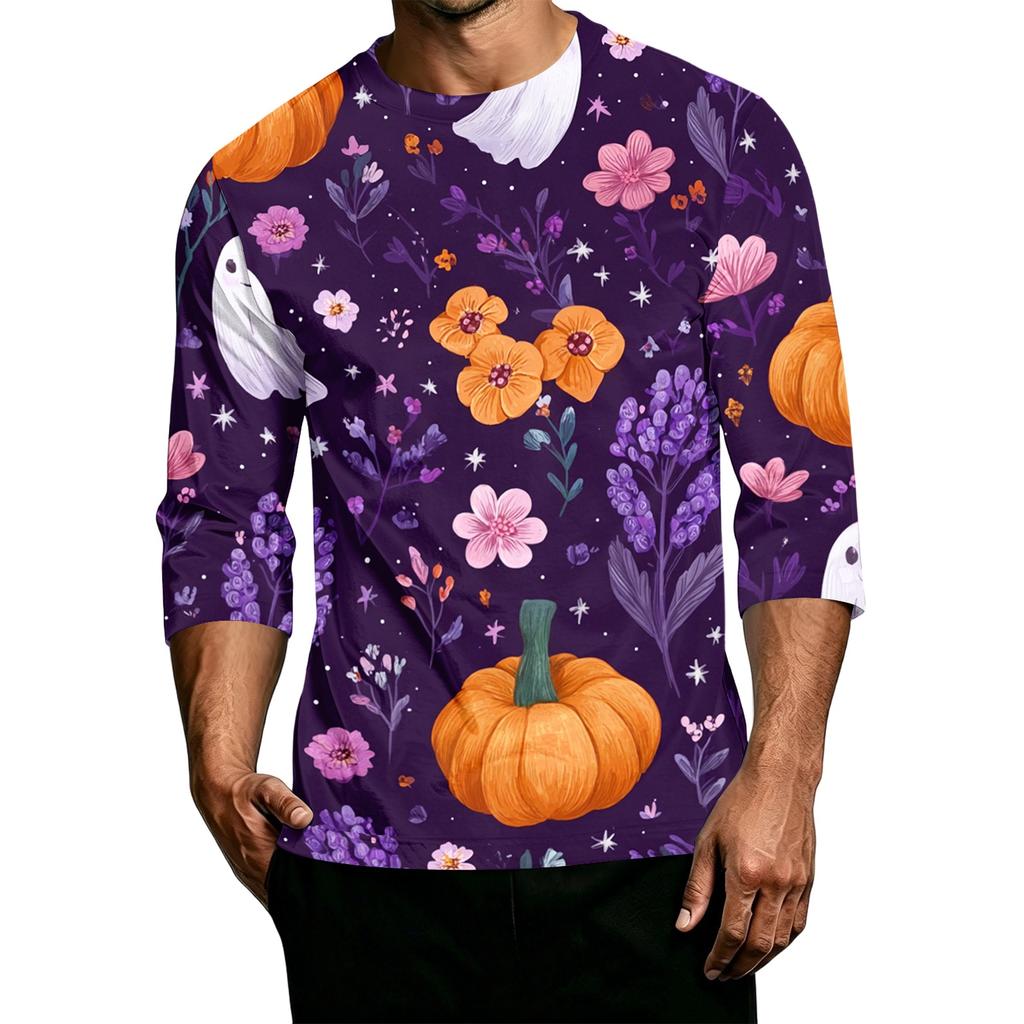 Men's Casual Halloween Print Crew Neck T Shirt Three Quarter Sleeve Top Comfortable Fit Lightweight Fabric Stylish Design