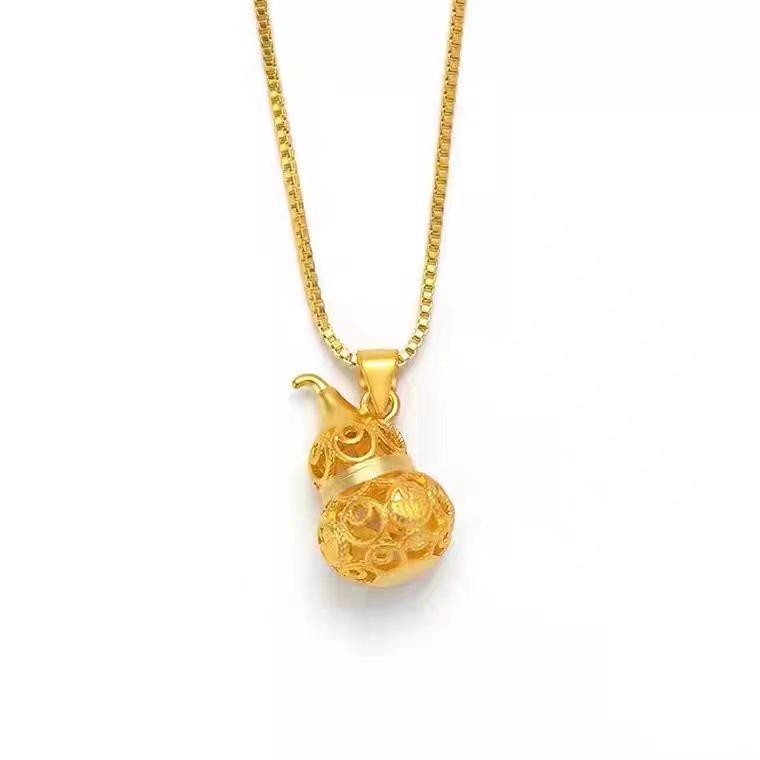 Fu Lu Ping An Hollow Gourd Pendant Necklace, Gold-Plated Brass O-Chain Clavicle Jewelry